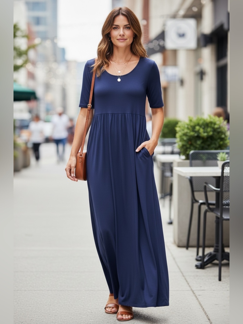 Zenana Outfitters Navy Blue Extra Long Maxi Dress Large Pockets Stretch - Picture 1 of 8